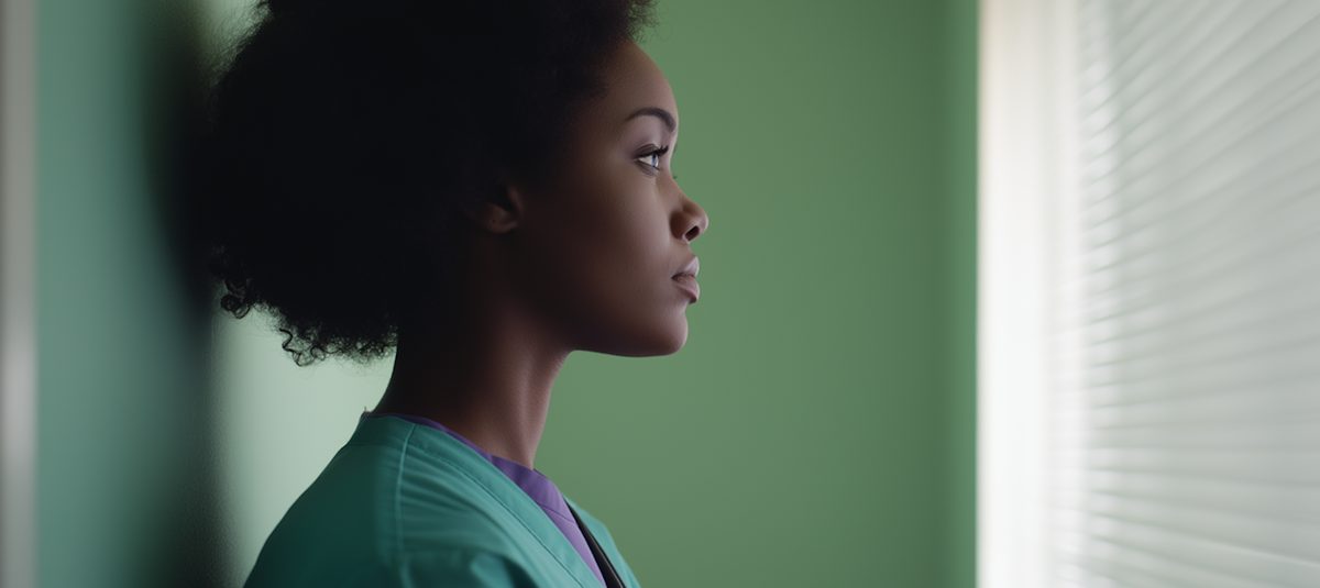 A healthcare professional in scrubs, in a quiet moment at a clinic window